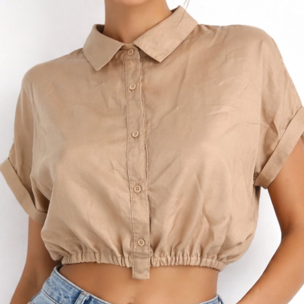Rue21 Button Down Top Womens XL Tan Satin Cropped Bubble Hem Short Sleeve Summer